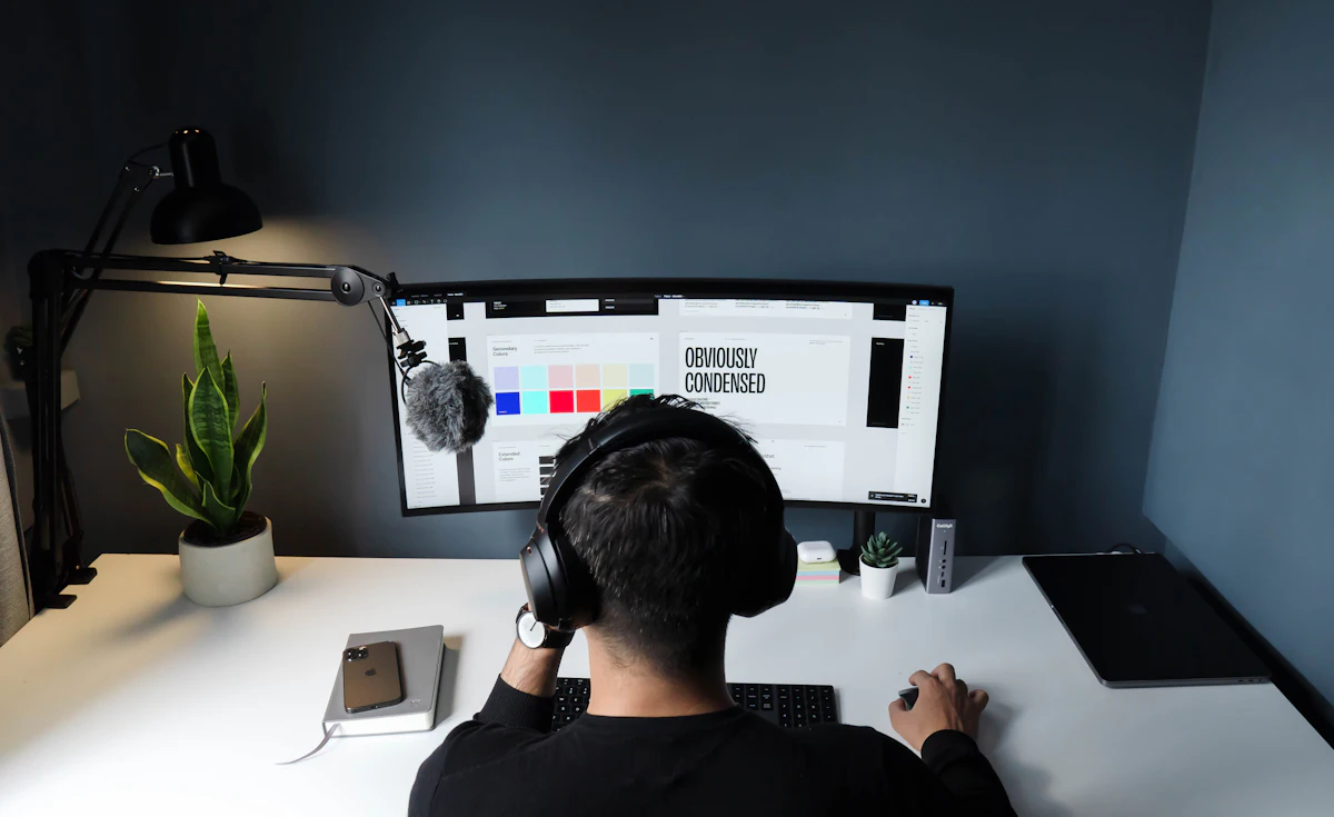 A designer working at a computer in a dark studio