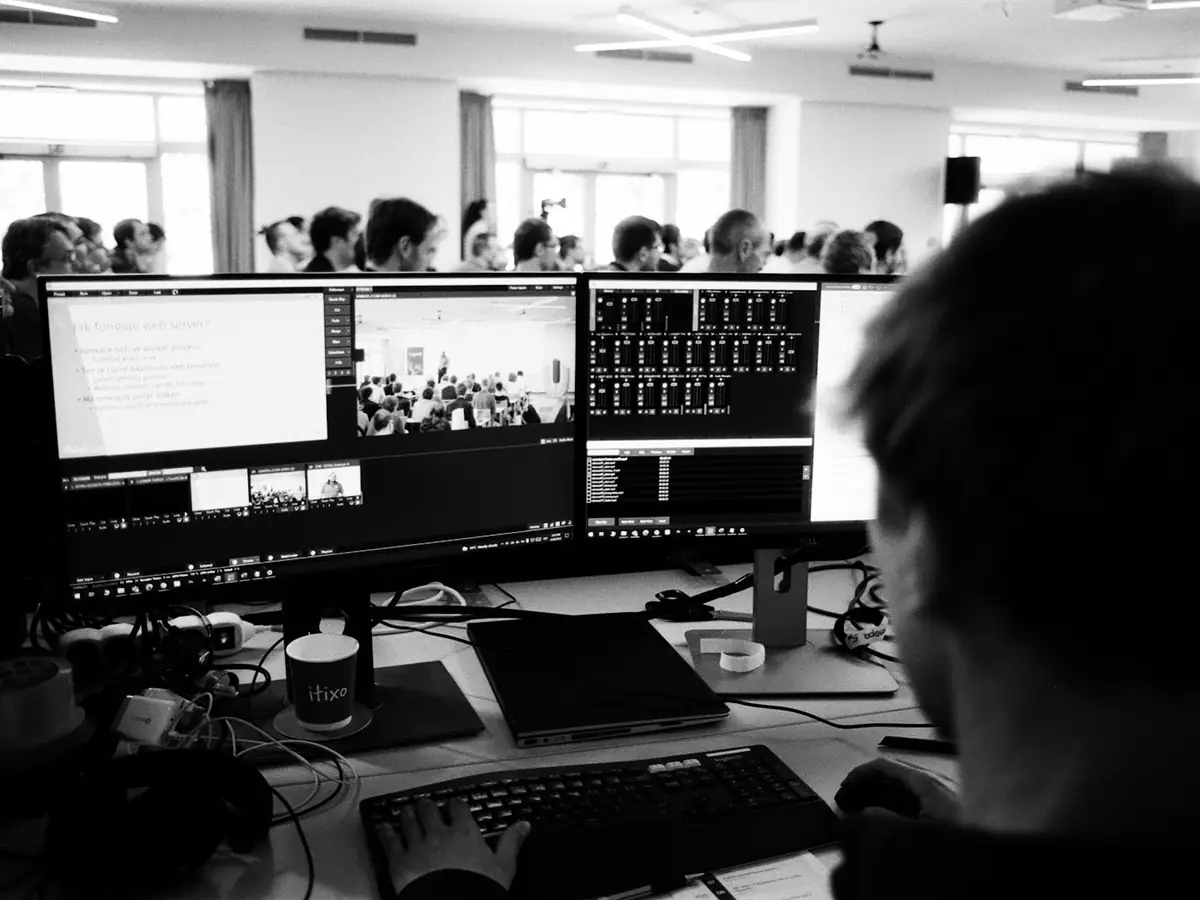 An edit bay with several monitors