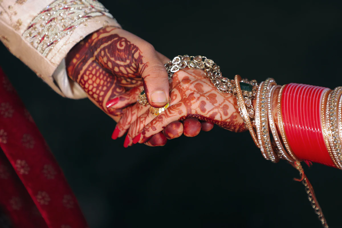 Two hands with intricate henna patterns held together