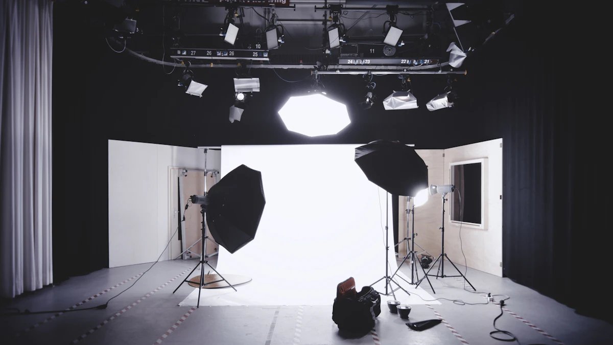 A camera and softbox set up in a photography studio